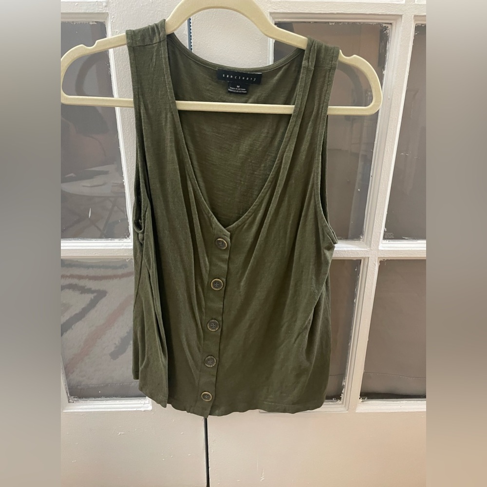 Green tank top with buttons, brand is Sanctuary